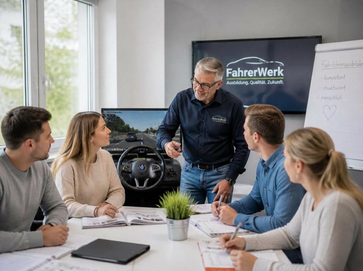 Erfahrener Ausbildungsfahrlehrer schult angehende Fahrlehrer im Einweisungsseminar bei FahrerWerk