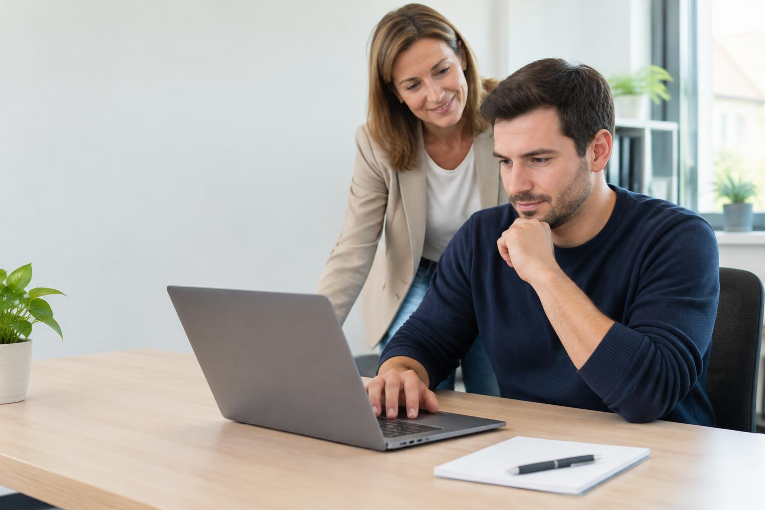 Interessent bearbeitet einen Online-Berufseignungstest am Laptop mit Beratung durch FahrerWerk