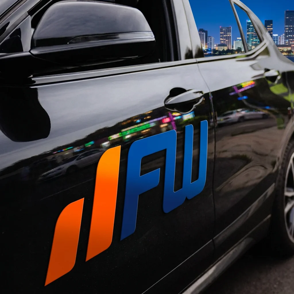 FahrerWerk Fahrzeugsignet vor nächtlicher Skyline