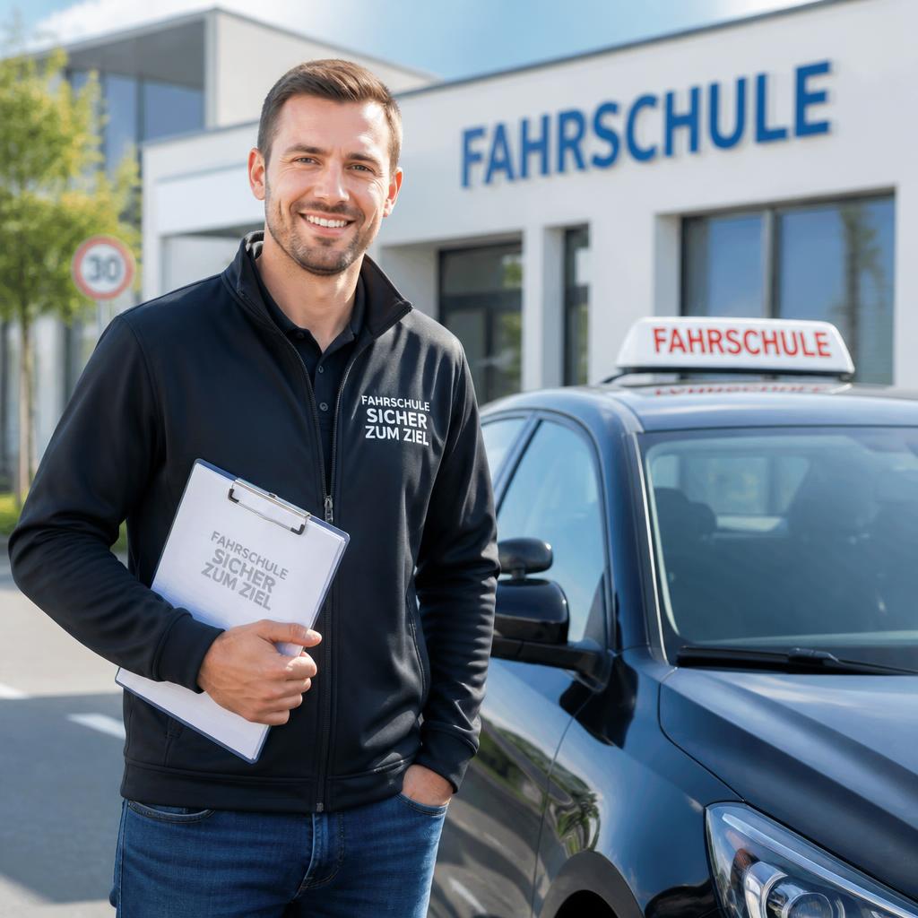 Fahrlehrer vor Fahrschule und Fahrschulauto
