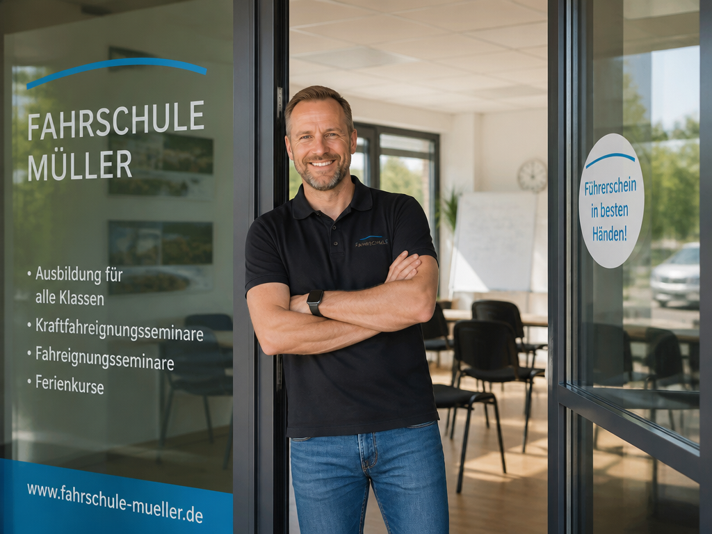 Fahrlehrer vor seiner eigenen Fahrschule – Fahrschule eröffnen