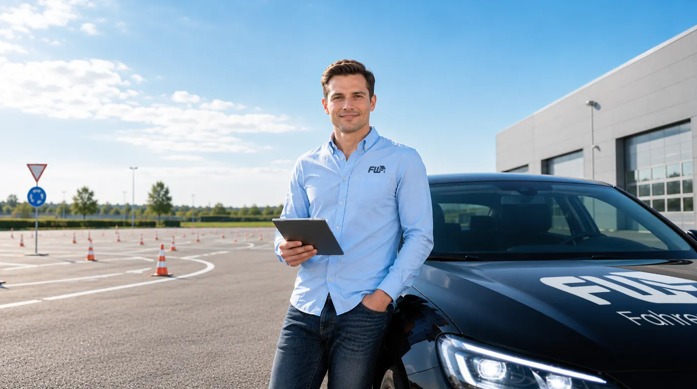 FahrerWerk Fahrlehrer mit Tablet vor dem Fahrschulauto auf dem Übungsplatz