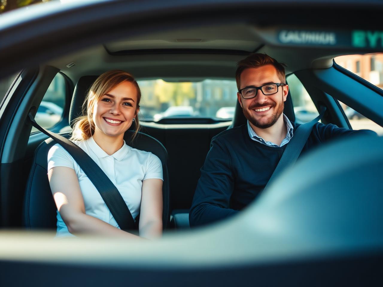 Fahrlehrer-Anwärterin während des Lehrpraktikums gemeinsam mit ihrem Ausbildungsfahrlehrer im Fahrschulauto